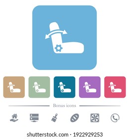 Car seat adjustment white flat icons on color rounded square backgrounds. 6 bonus icons included