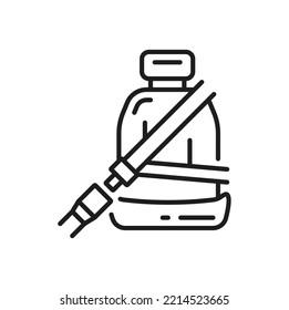 Car seat belt and driving safety thin line icon. Vehicle driver protection in accident or collision, automobile insurance risk and cover outline sign. Car traffic violation thin line vector icon