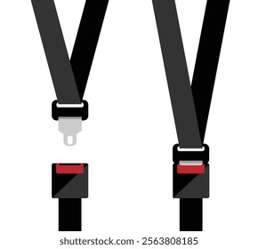 Car Seat Belt Fastened and Unfastened Flat Style. Means of transportation and safety on the road concept vector art