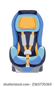 Car seat for children, protection and care for infants and toddlers while on road. Isolated chair with straps and belts for safety, soft cushion for comfort and handles. Vector in flat style