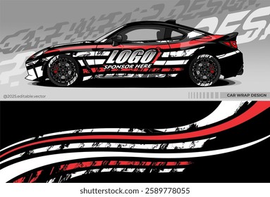 Car seat cover design for sports cars. Black, white and red with dynamic striped pattern and broken texture. Gives aggressive and sporty look to the car, suitable for racing or promotion purposes.