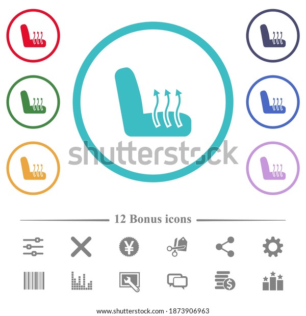 Car seat heating flat color icons in\
circle shape outlines. 12 bonus icons\
included.