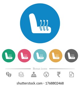 Car seat heating flat white icons on round color backgrounds. 6 bonus icons included.