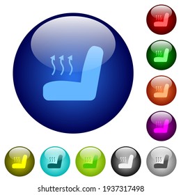 Car seat heating icons on round glass buttons in multiple colors. Arranged layer structure