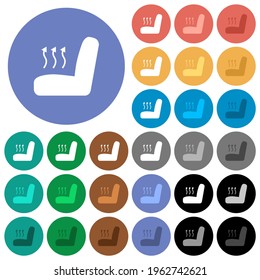 Car seat heating multi colored flat icons on round backgrounds. Included white, light and dark icon variations for hover and active status effects, and bonus shades.