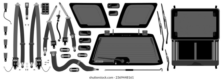 Car seatbelt system and glass components illustration vector.