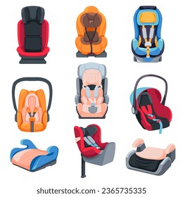 Car seats for toddlers, infants and children. Isolated armchairs with handles and belts for protection, adjustable straps and security mechanisms for driving transportation. Vector in flat style