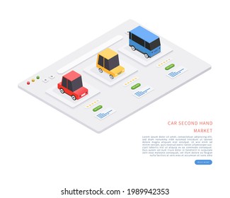 Car second hand marketplace. Car second hand market concept in isometric vector illustration. Vector illustration