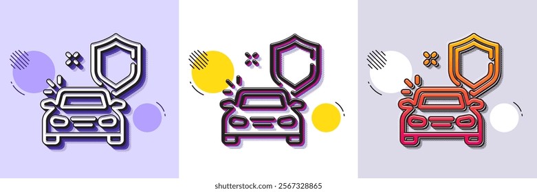 Car secure line icon. Halftone dotted pattern. Gradient icon with grain shadow. Insurance shield sign. Safe defense symbol. Line car secure icon. Various designs. Vector