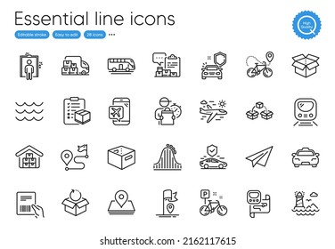 Car secure, Return package and Lighthouse line icons. Collection of Parcel shipping, Inventory report, Delivery man icons. Wholesale goods, Office box, Waves web elements. Vector