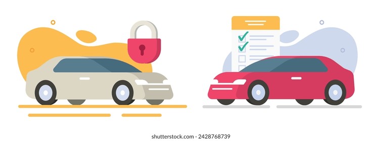 Car security insurance padlock icon vector, auto vehicle check up coverage policy list flat cartoon graphic illustration, transport anti theft warranty guard checkup checklist report image clipart