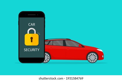 Car security. Lock of security on vehicle. Guard of auto against theft in mobile app. Icon of safety of car. Badge for anti theft. Service of protect automobile. Logo of safe. Sign of secure. Vector.