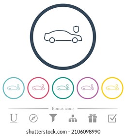 Iconos de color plano en contorno de seguridad del automóvil en contornos redondos. 6 iconos de bonificación incluidos.