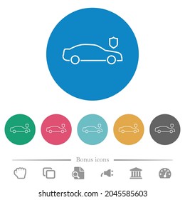 Car security outline flat white icons on round color backgrounds. 6 bonus icons included.
