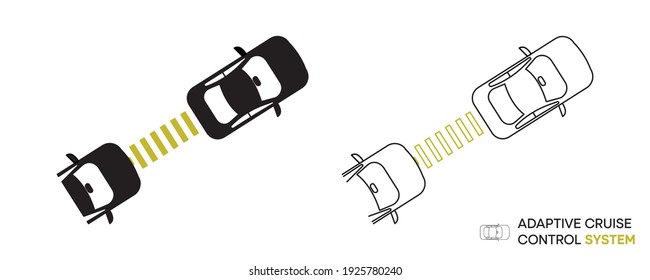 Diseño de iconos de sistemas de seguridad de coches. El símbolo de control de la velocidad de crucero adaptable seguirá el vehículo por delante. Mantenimiento de la siguiente distancia. Icono de línea modificable.