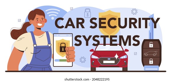 Car security systems typographic header. Automobile repair service. Mechanic in uniform check a vehicle security equipment repair it. Flat vector illustration.