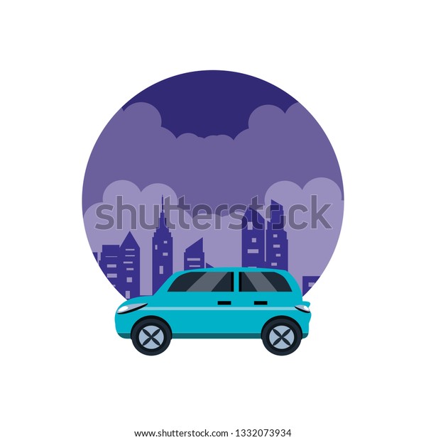 car sedan in\
cityscape in frame\
circular