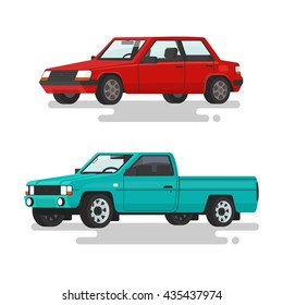 Car sedan and a pickup truck on a white background. Vector illustration of a flat design