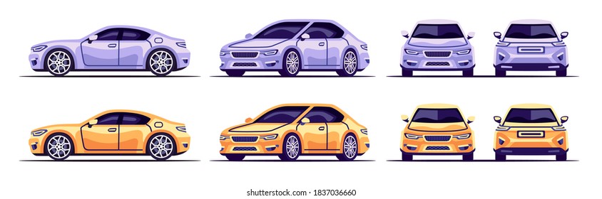 Sedan de auto aislado en fondo blanco. Parte delantera del vehículo, lateral, trasera, superior a la vista. Ilustración eps10 de estilo plano. Diseño sencillo y moderno. Colección de iconos.