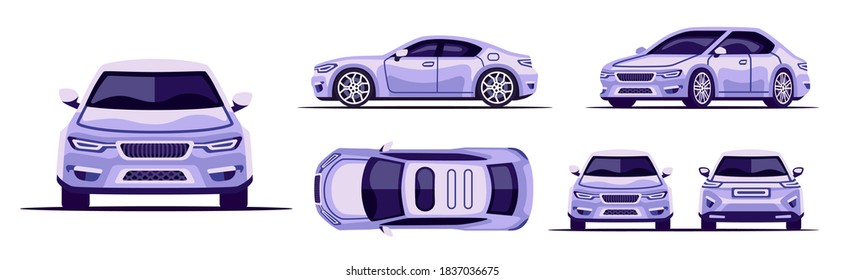 Car sedan set isolated on white background. Vehicle front, side, back, above view. Flat style eps10 illustration. Simple modern design. Icons collection.