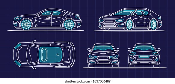 Car sedan set isolated. Vehicle front, side, back, above view. Flat style eps10 illustration. Simple modern design. Icons collection.