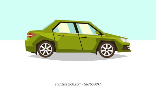 Car sedan. Side view. Transport for travel. Gas engine. Alloy wheels. Vector illustration. Flat style 