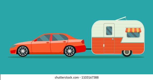 Car sedan and trailers caravan isolated. Vector flat style illustration