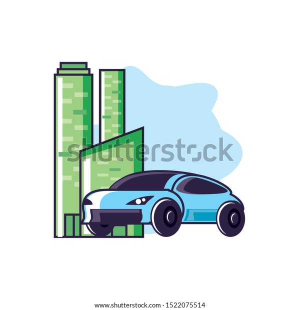 car sedan transportation with buildings facade\
vector illustration design