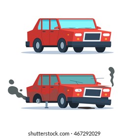 Car sedan vehicle before and after car crash road accident. Wrecked and okay vehicle. Broken and new car. Vector trendy flat cartoon design isolated illustration