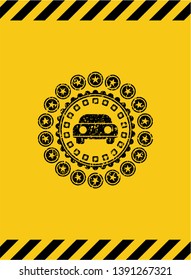 car seen from front icon black grunge emblem, yellow warning sign. Vector Illustration. Detailed.