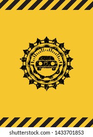 car seen from front icon black grunge emblem inside yellow warning sign. Vector Illustration. Detailed.