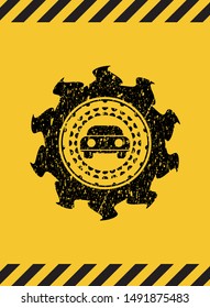 car seen from front icon black grunge emblem with yellow background. Vector Illustration. Detailed.