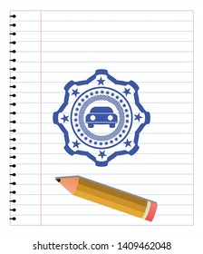 car seen from front icon draw (pen strokes). Blue ink. Vector Illustration. Detailed.