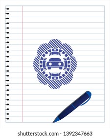 car seen from front icon drawn with pen. Blue ink. Vector Illustration. Detailed.