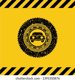 car seen from front icon grunge black emblem with yellow background, warning sign. Vector Illustration. Detailed.