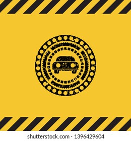car seen from front icon grunge black emblem with yellow background, warning sign. Vector Illustration. Detailed.