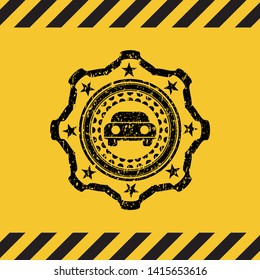 car seen from front icon grunge black emblem with yellow background, warning sign. Vector Illustration. Detailed.