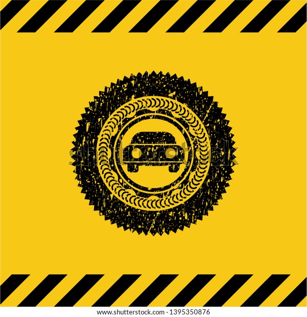 car seen\
from front icon grunge black emblem with yellow background, warning\
sign. Vector Illustration.\
Detailed.