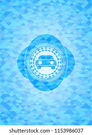 car seen from front icon inside light blue emblem. Mosaic background