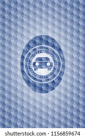 car seen from front icon inside blue emblem with geometric pattern.