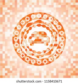 car seen from front icon inside abstract orange mosaic emblem with background