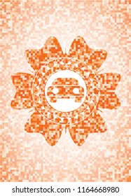 car seen from front icon inside abstract emblem, orange mosaic background