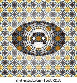 car seen from front icon inside arabic badge background. Arabesque decoration.