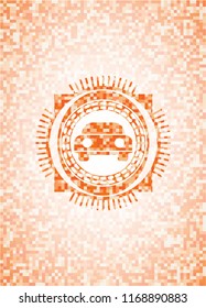 car seen from front icon inside orange tile background illustration. Square geometric mosaic seamless pattern with emblem inside.