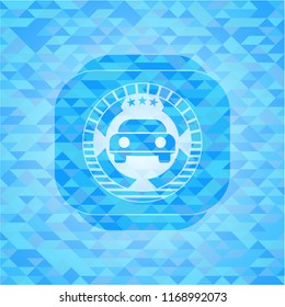 car seen from front icon inside light blue emblem with triangle mosaic background