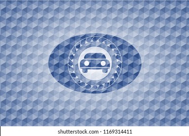 car seen from front icon inside blue hexagon emblem.