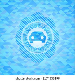 car seen from front icon inside light blue emblem with mosaic ecological style background