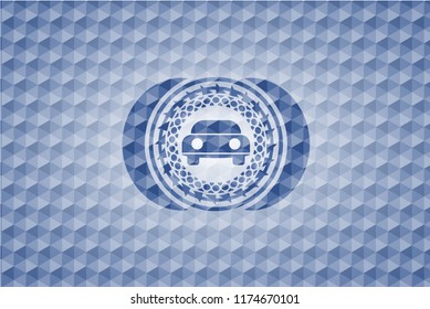 car seen from front icon inside blue emblem with geometric pattern background.