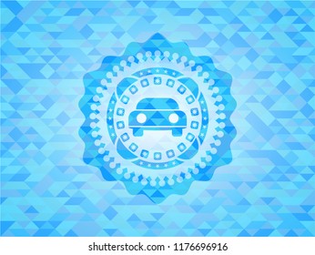car seen from front icon inside light blue emblem with triangle mosaic background
