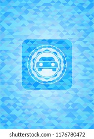 car seen from front icon inside light blue emblem with mosaic background